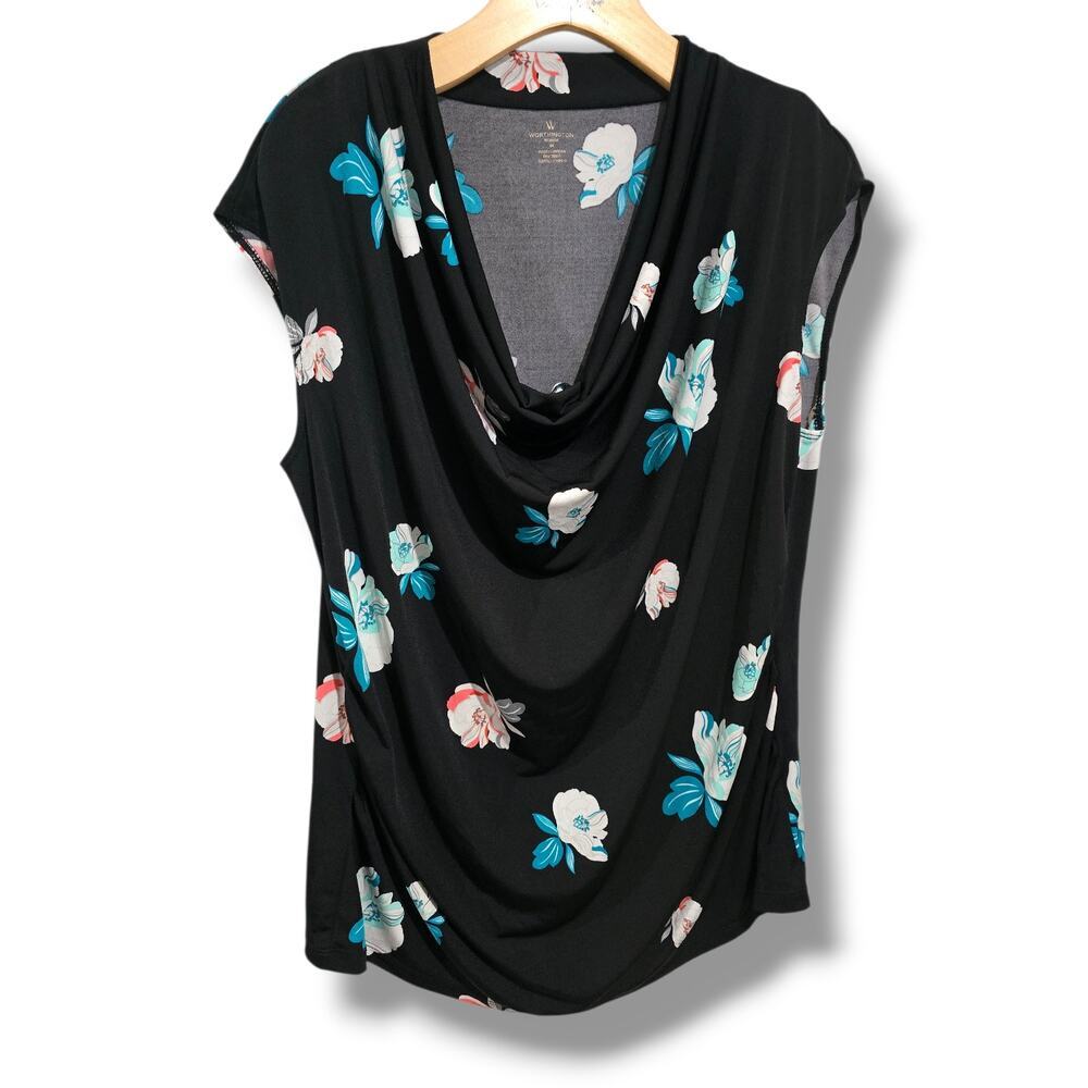 Worthington Woman plus size Black Floral Cowl Neck Cap Sleeve Blouse - 1x